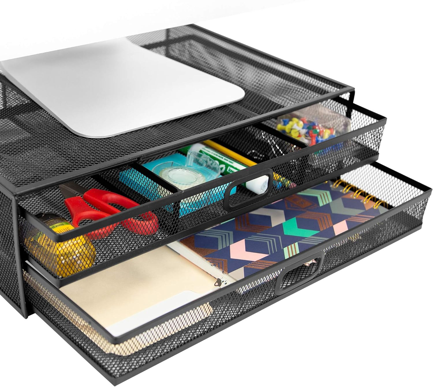 MOUNT-IT Computer Monitor Stand with Drawers, Metal Mesh Riser and Organizer fo