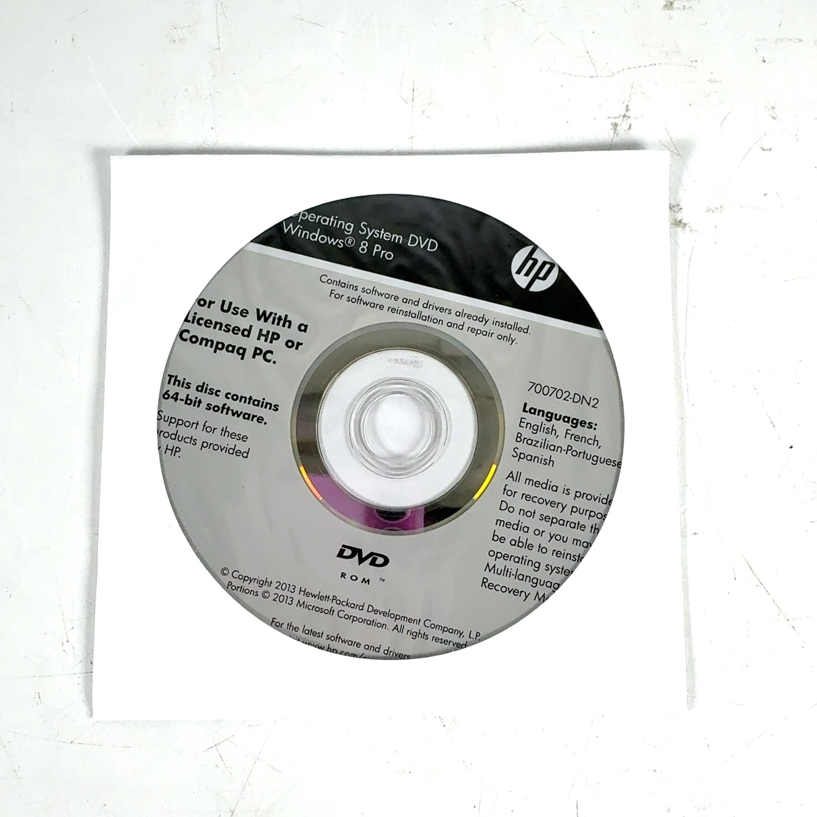 Operating System Windows 8 Pro HP Compaq DVD Recovery Repair Cd 700702-DN2 Disc