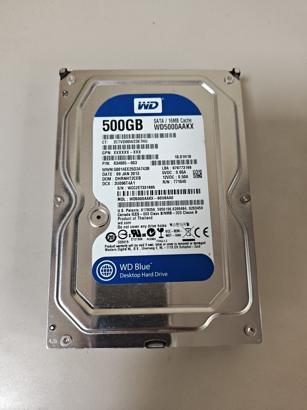 Western Digital Blue 7200RPM, 3.5", 500GB WD5000AAKX