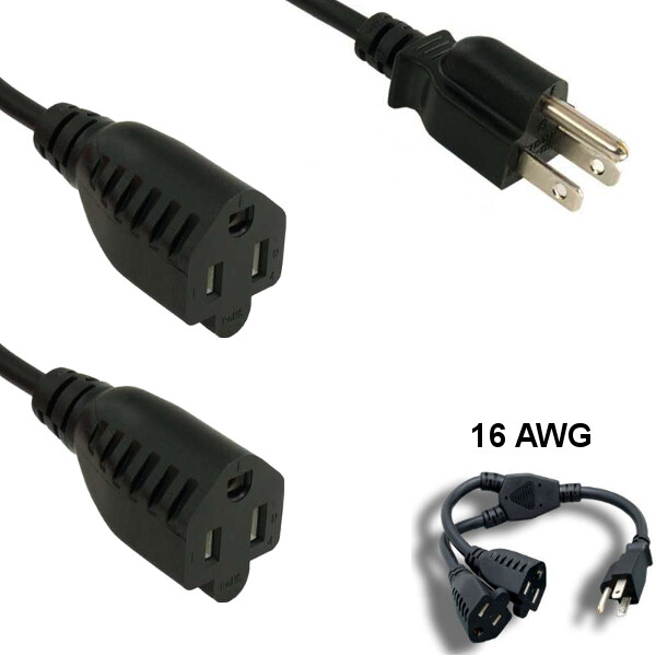 Kentek 1' ft 16 AWG Power Splitter Cord NEMA 5-15P to 2x 5-15R 13A/250V SJT Blk