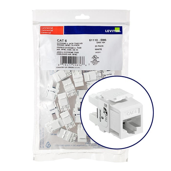 Leviton 61110-BW6 Extreme Cat 6 UTP Quickport Jack White 25-pack