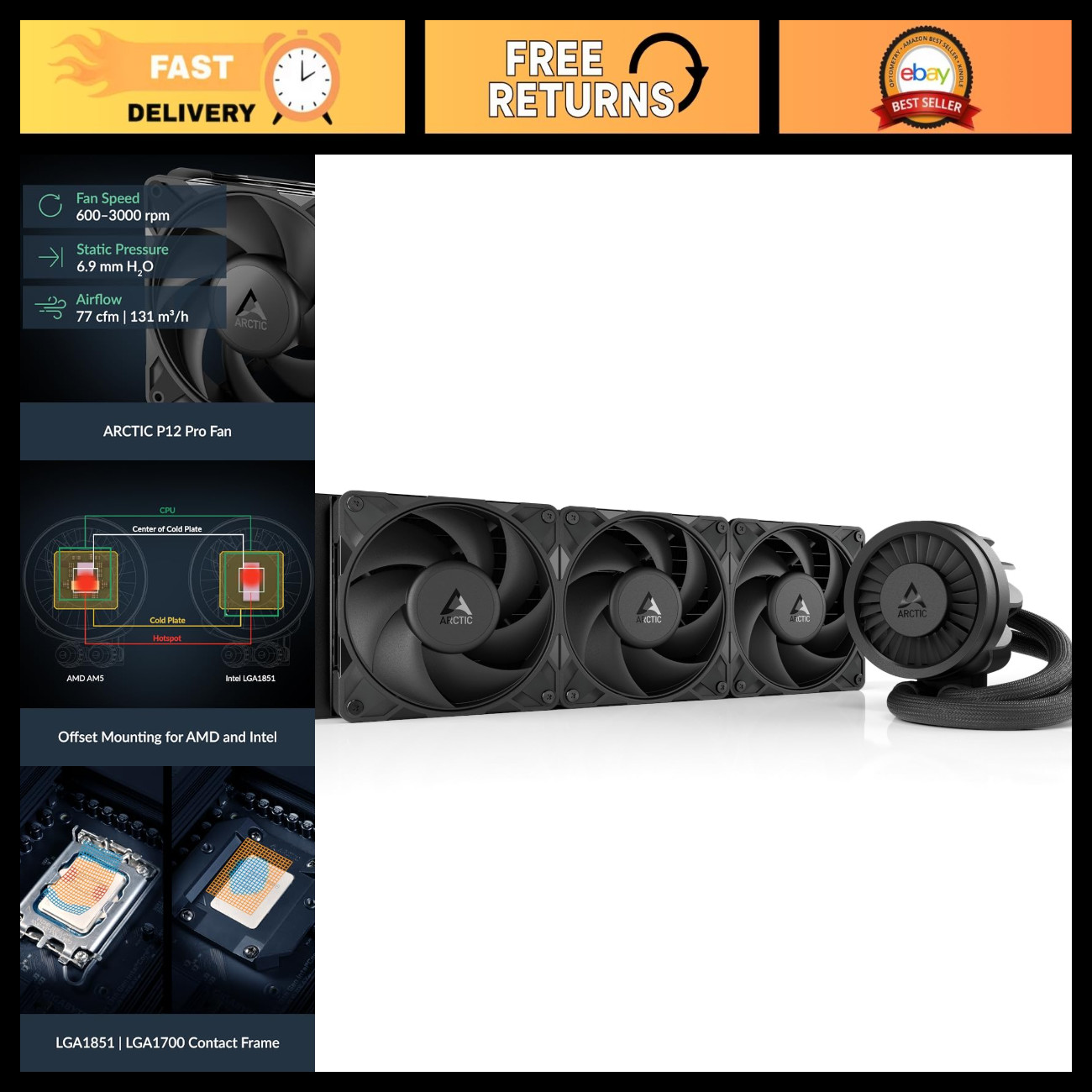 AIO CPU Cooler 360mm Liquid Cooling System - 3 x 120mm Fans, Efficient Heat Diss