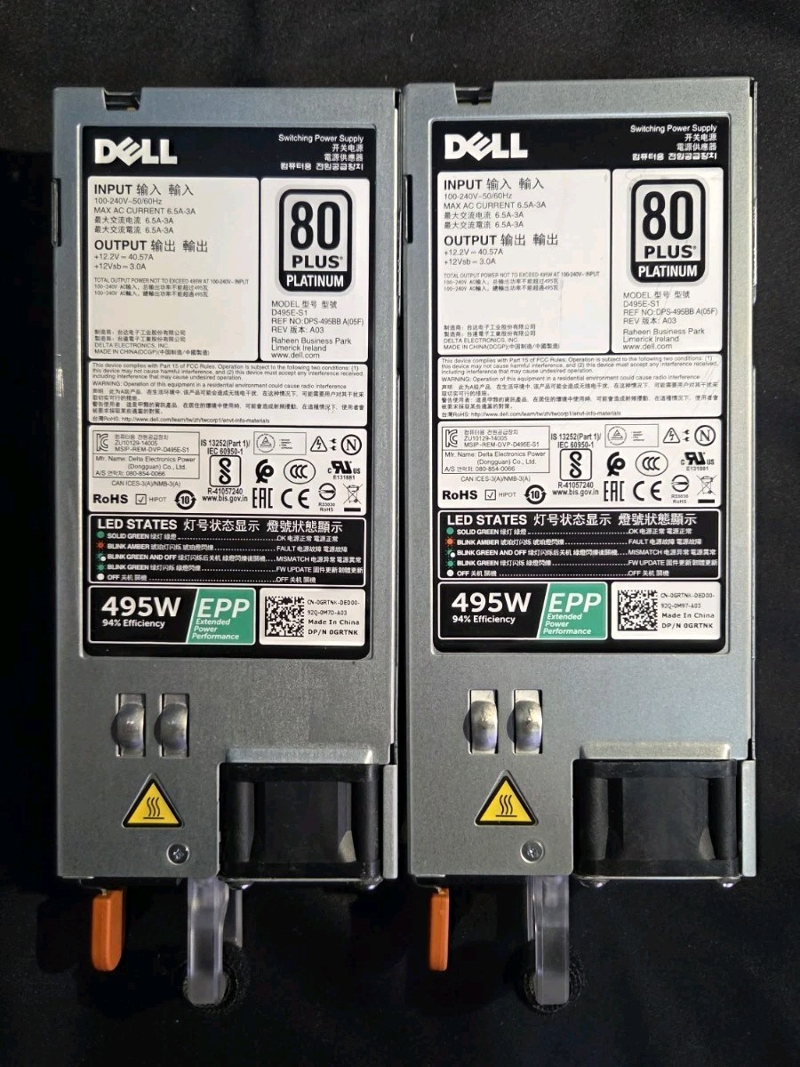 Lot of 2 Dell T320 T420 T620 495W Platinum Power Supply D495E-S1 0GRTNK 02FR04