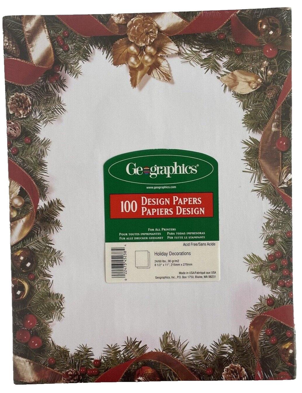 Holiday Paper 8 1/2 x 11" Christmas Stationary 100 Count Geographic 24/60 LB NEW