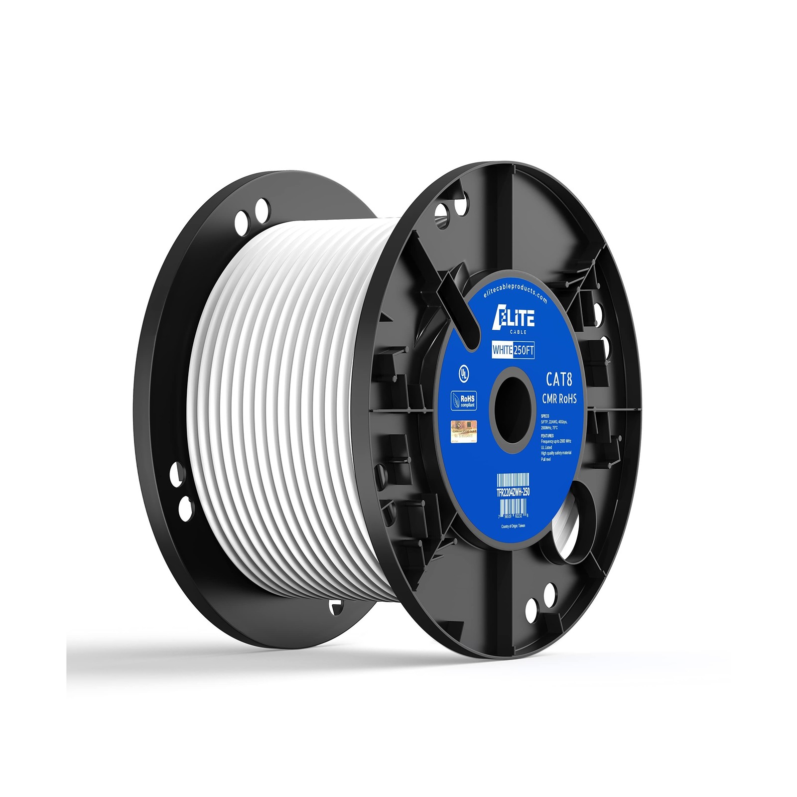 Elite 250ft. Cat8 Shielded Riser (CMR), 40Gb, 2000MHz, S/FTP 22AWG, Solid Bar...