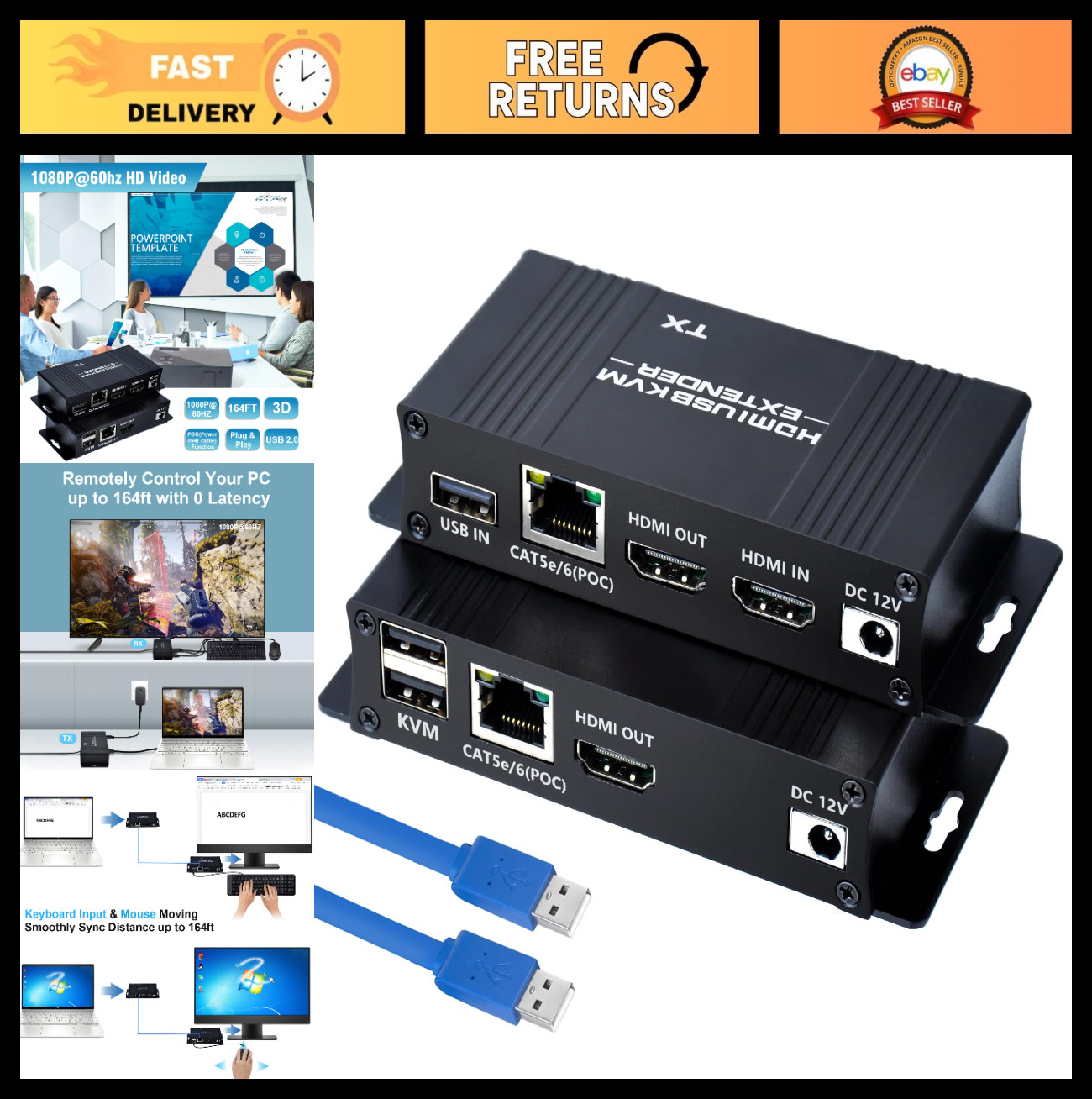 164ft HDMI KVM USB Extender Transmitter Receiver | 1080p@60Hz Zero Latency, Plug