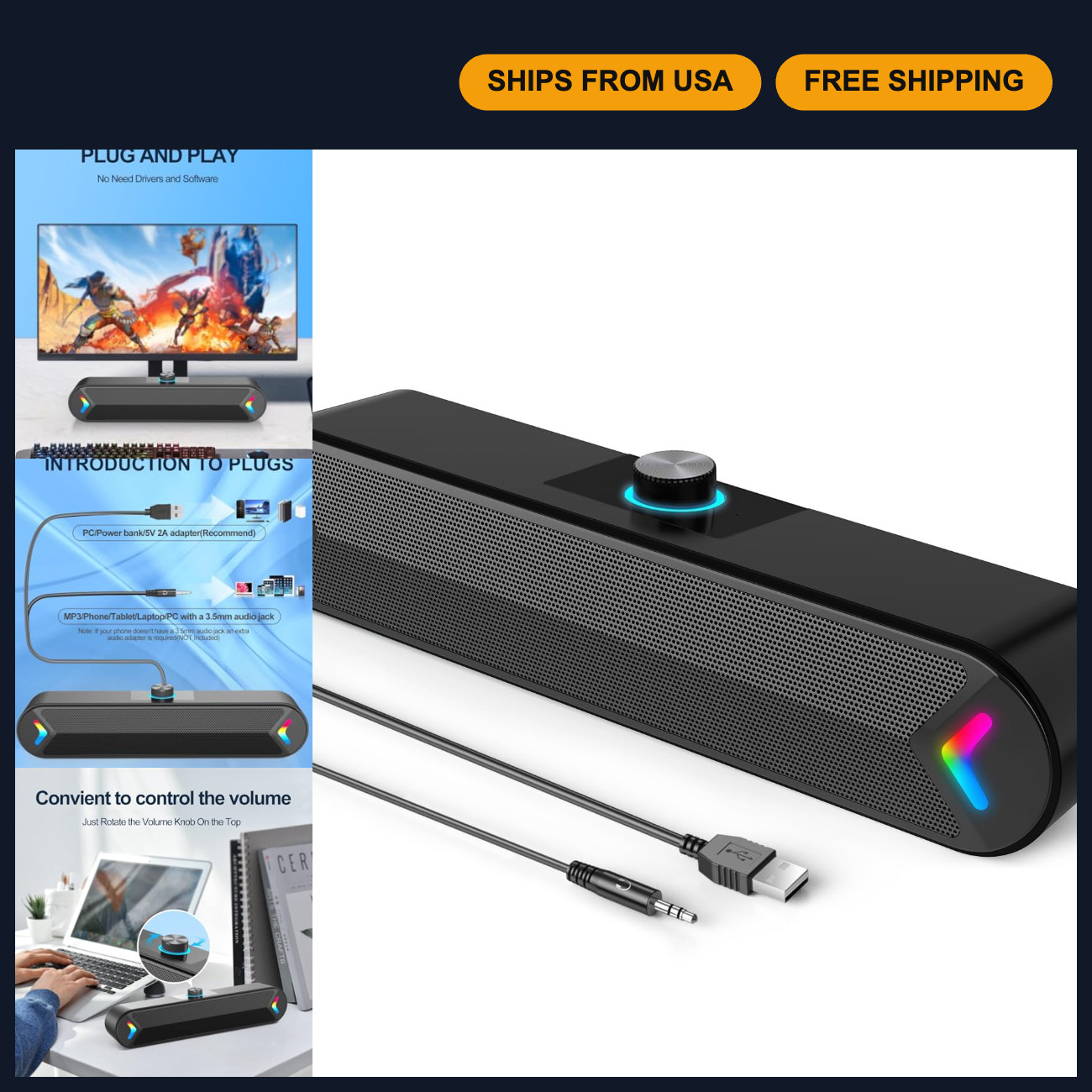 Wired USB Computer Speakers for Desktop, 10W Stereo Sound Bar with Colorful Ligh