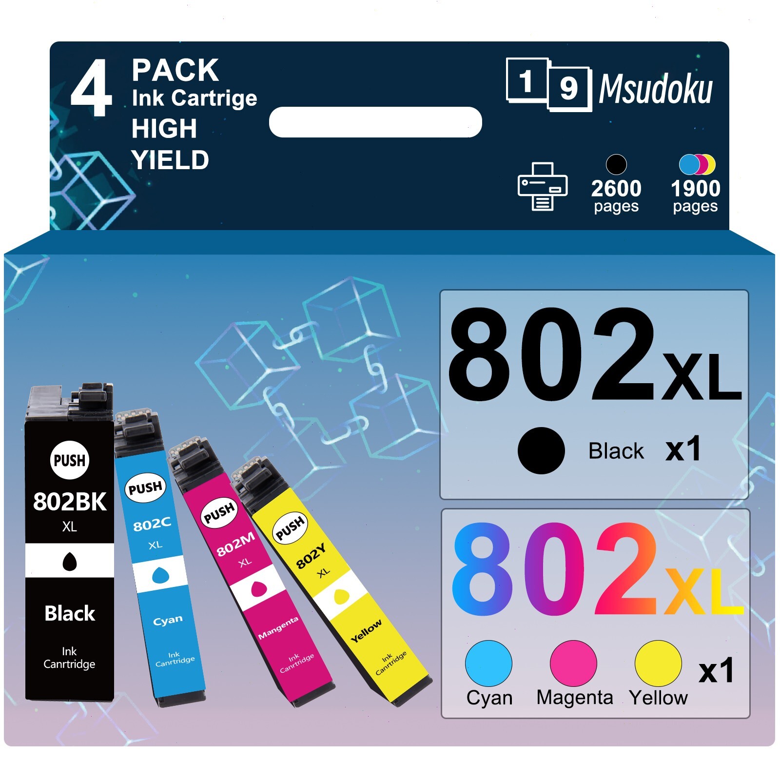 4 Pack Compatible With 802XL Ink Cartridge For Epson WorkForce Pro WF4730 WF4740