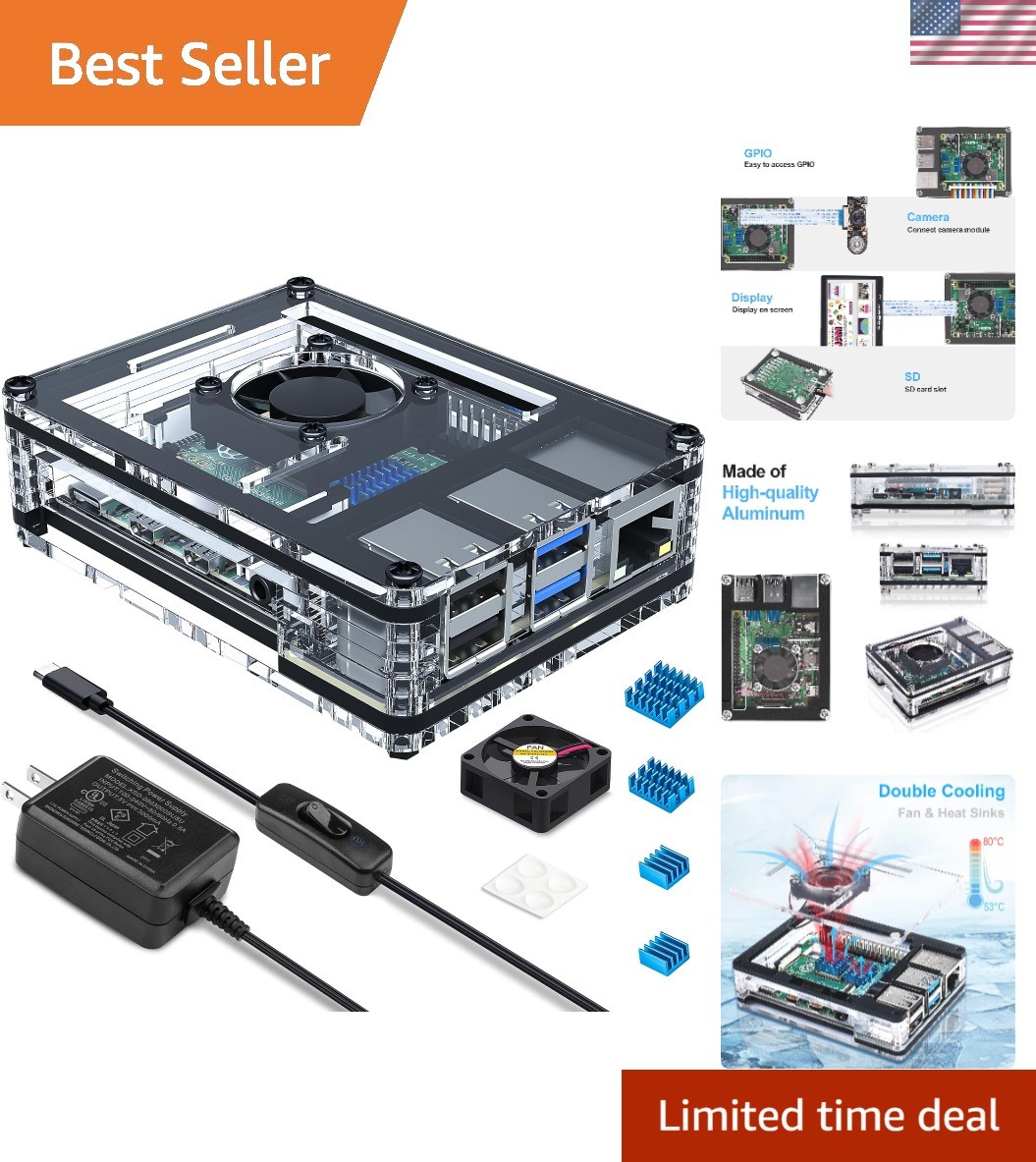 Case for Raspberry Pi 4 with Fan 5V 3A Power Supply 4 Pcs Heatsinks