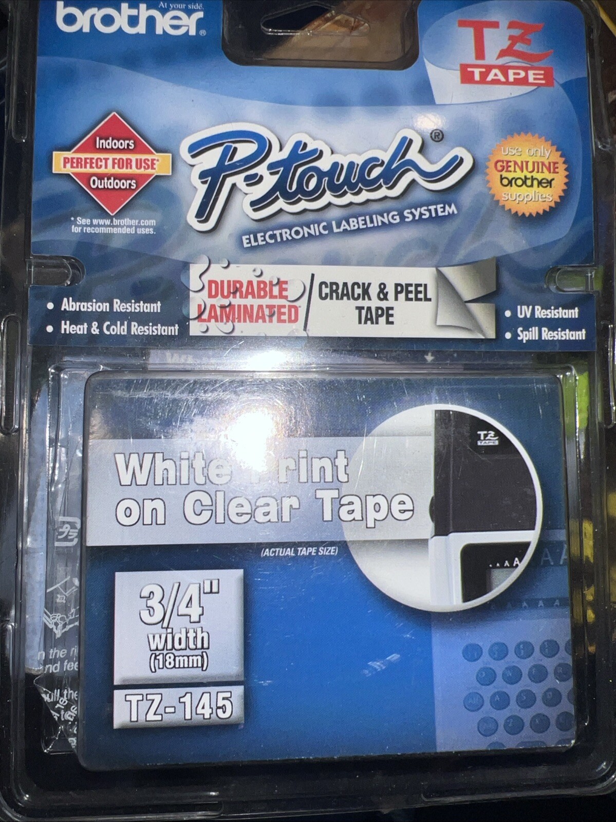 BROTHER TZ-145 / 3/4" White on Clear Tape Cassette / NEW
