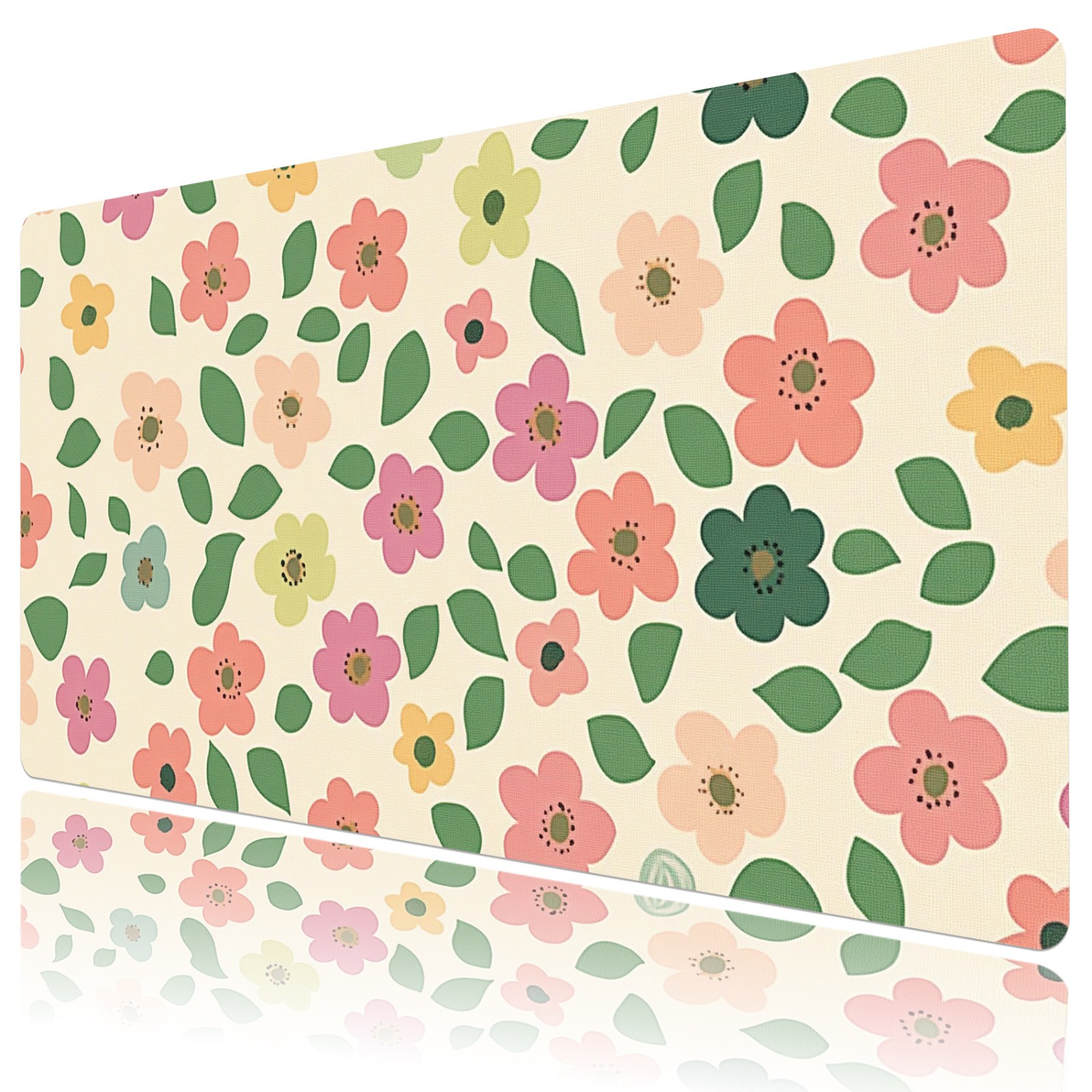 Green Leaf Pink Floral on Beige Desk Pad for Keyboard Desk Mat 31.5x15.7 inch