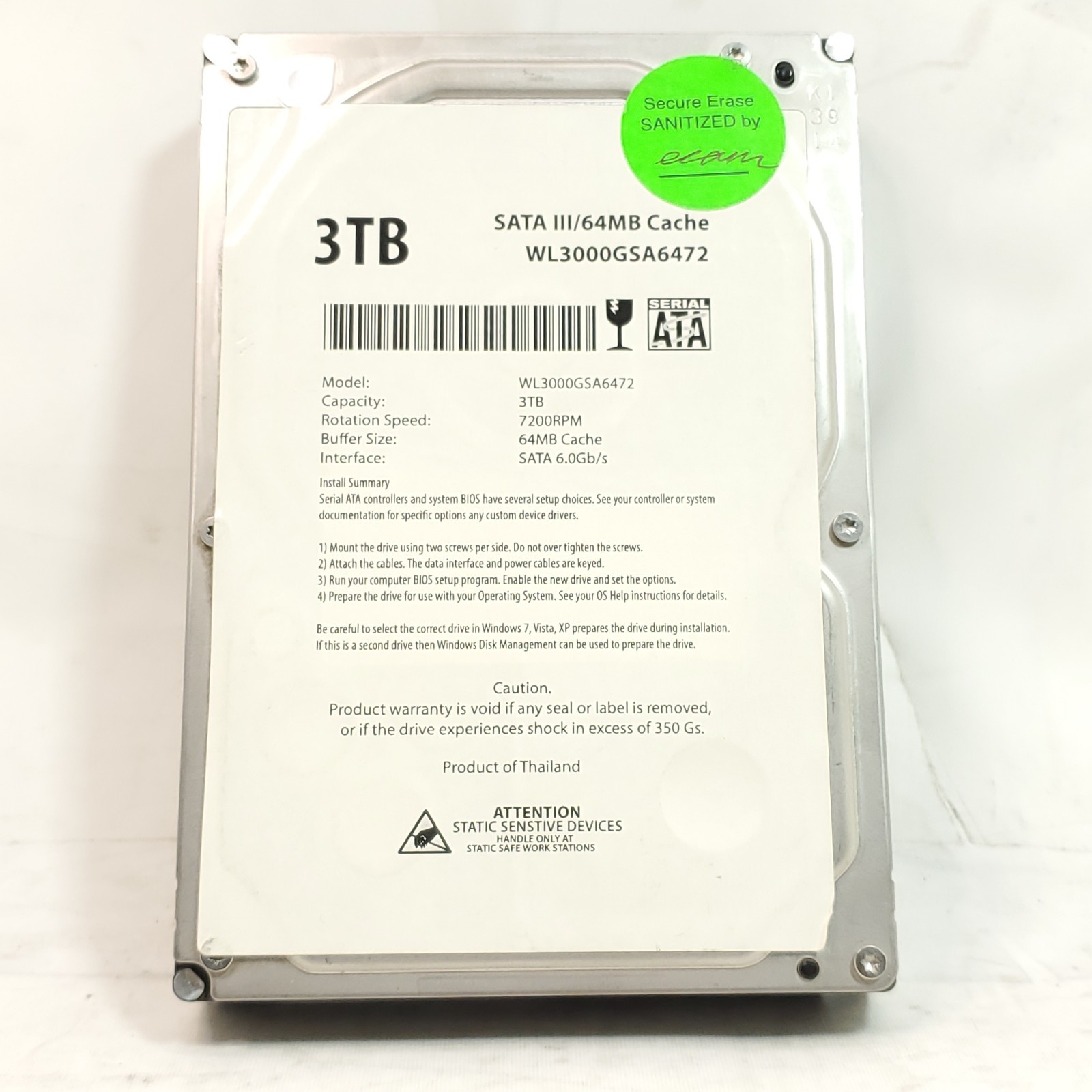 White Label WL3000GSA6472 3TB 7200RPM SATA 6Gb/s 3.5" HDD Under 18K Hours Used