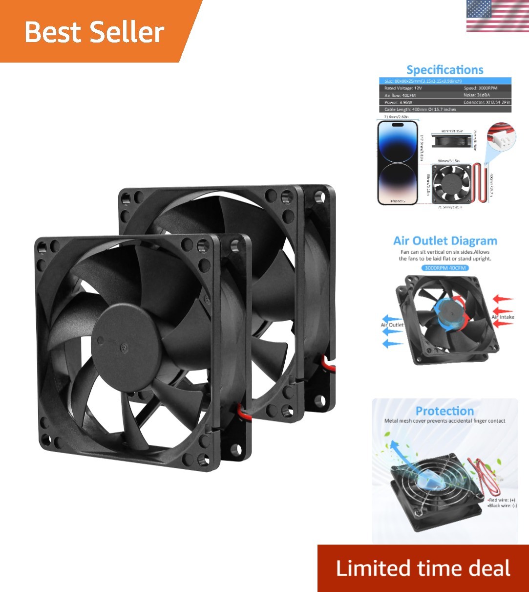 Efficient 80x25mm 12V Cooling Fan Set - Long-Lasting Sleeve Bearing Design