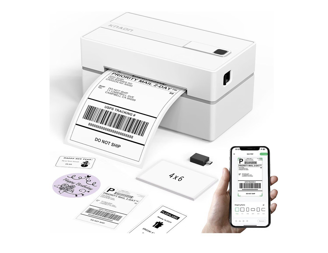 KNAON Bluetooth Thermal Shipping Label Printer, 4x6 Portable Thermal. White