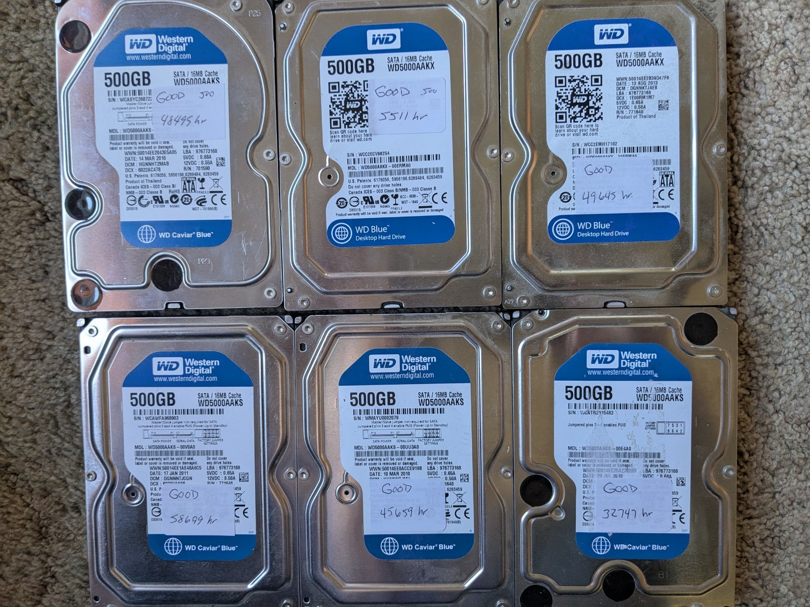 Lot of  6 Western Digital Blue SATA 3.5" Desktop Hard Drives 500GB