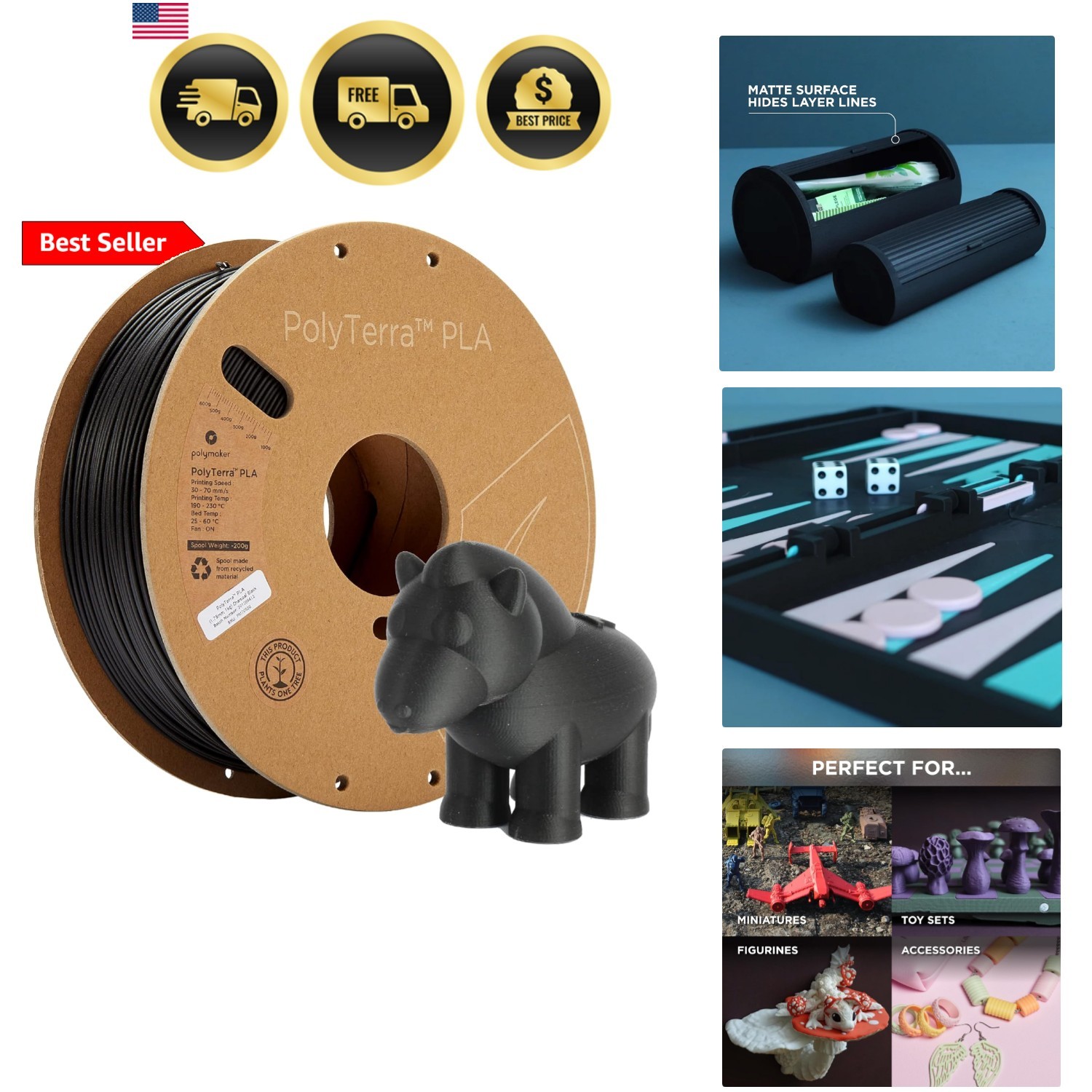 Matte PLA Filament Charcoal Black 1.75mm 1kg 3D Printing Filament, PolyTerra ...