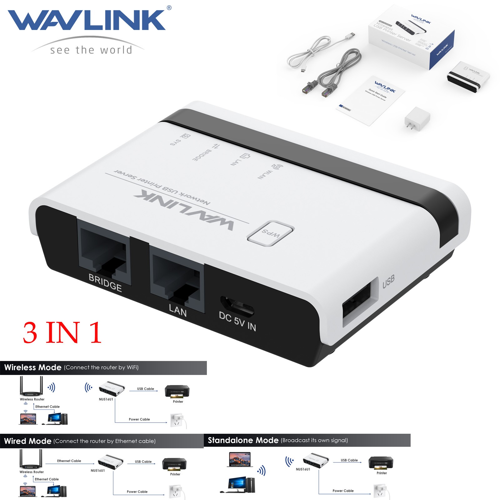 WAVLINK 3 IN 1 USB Wireless Print Server WiFi Print Server 10/100Mbps LAN/Bridge