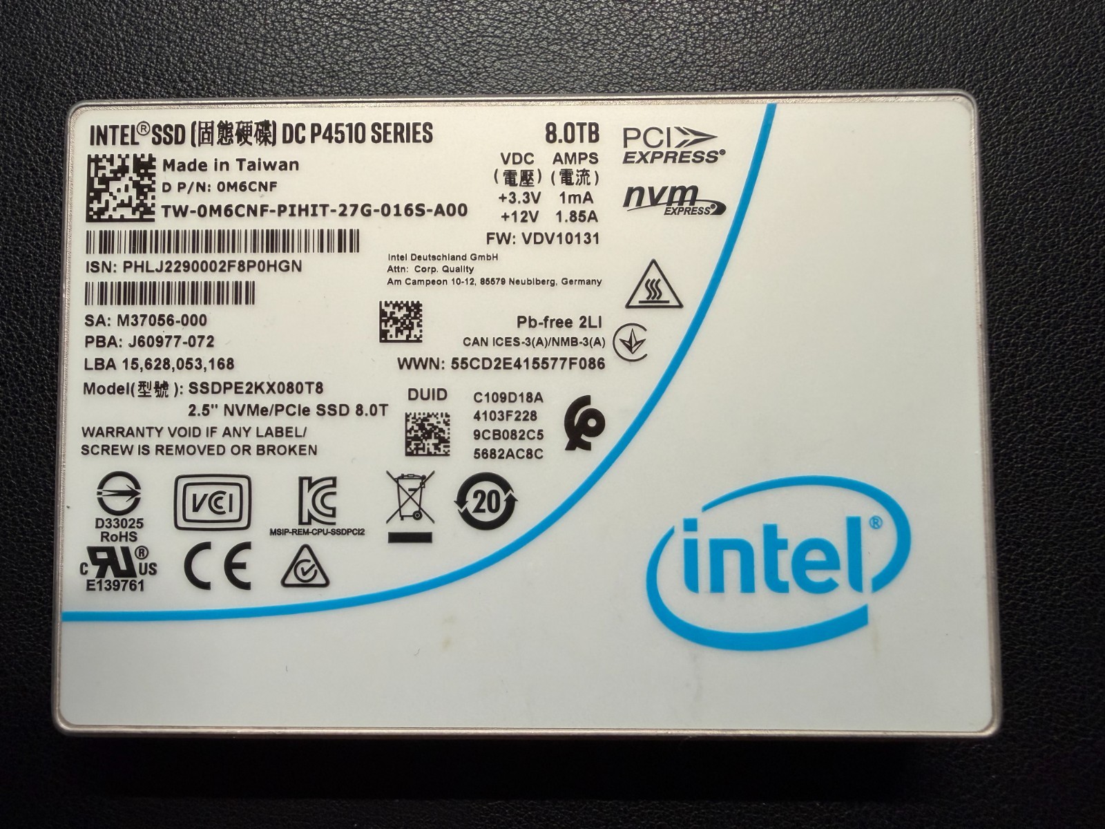 P4510 8TB Intel SSD Series DC NVME U.2 2.5" SSD SSDPE2KX080T8 - 100% health