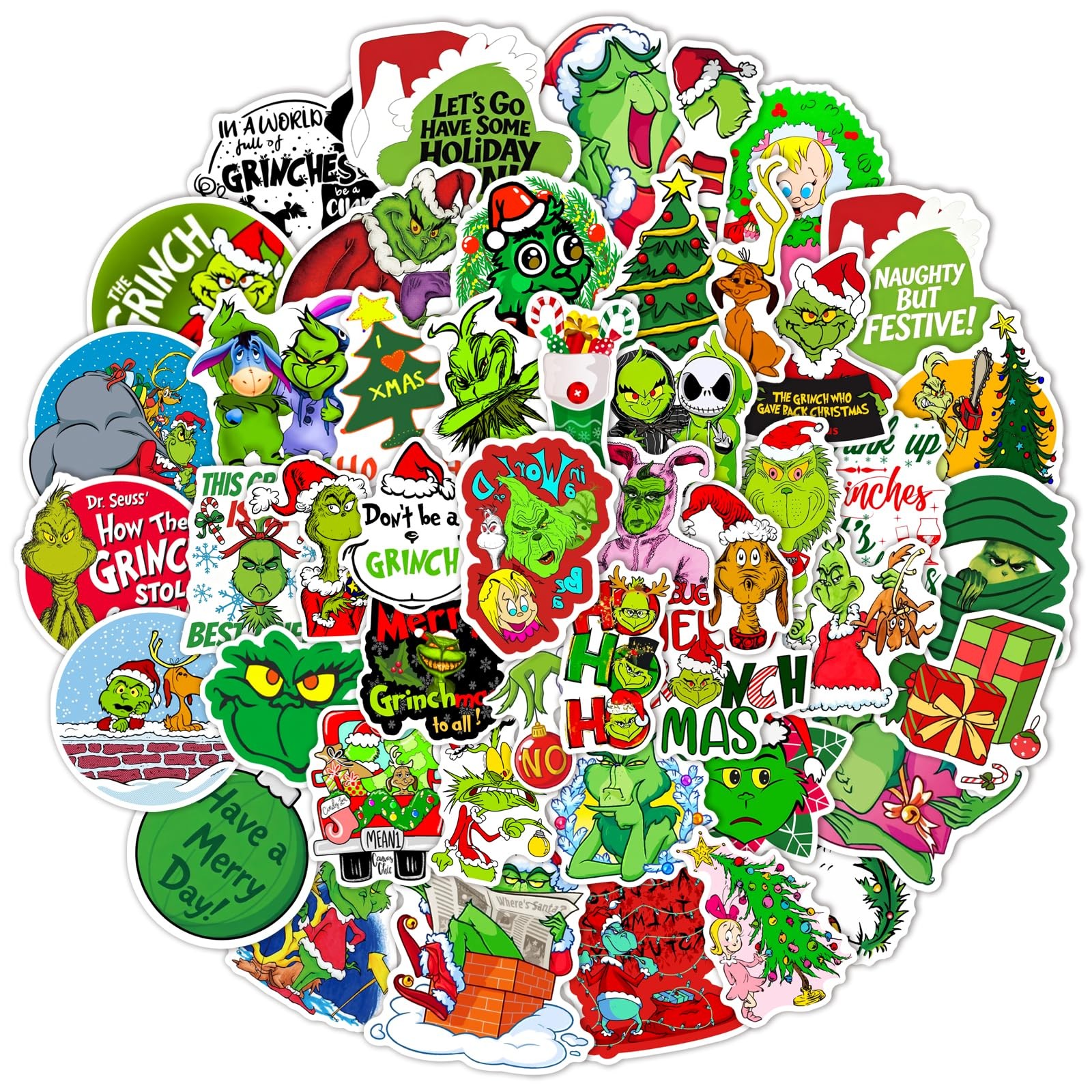GRINCH Christmas Stickers, 50 Pcs Waterproof Green Monster Xmas Stickers
