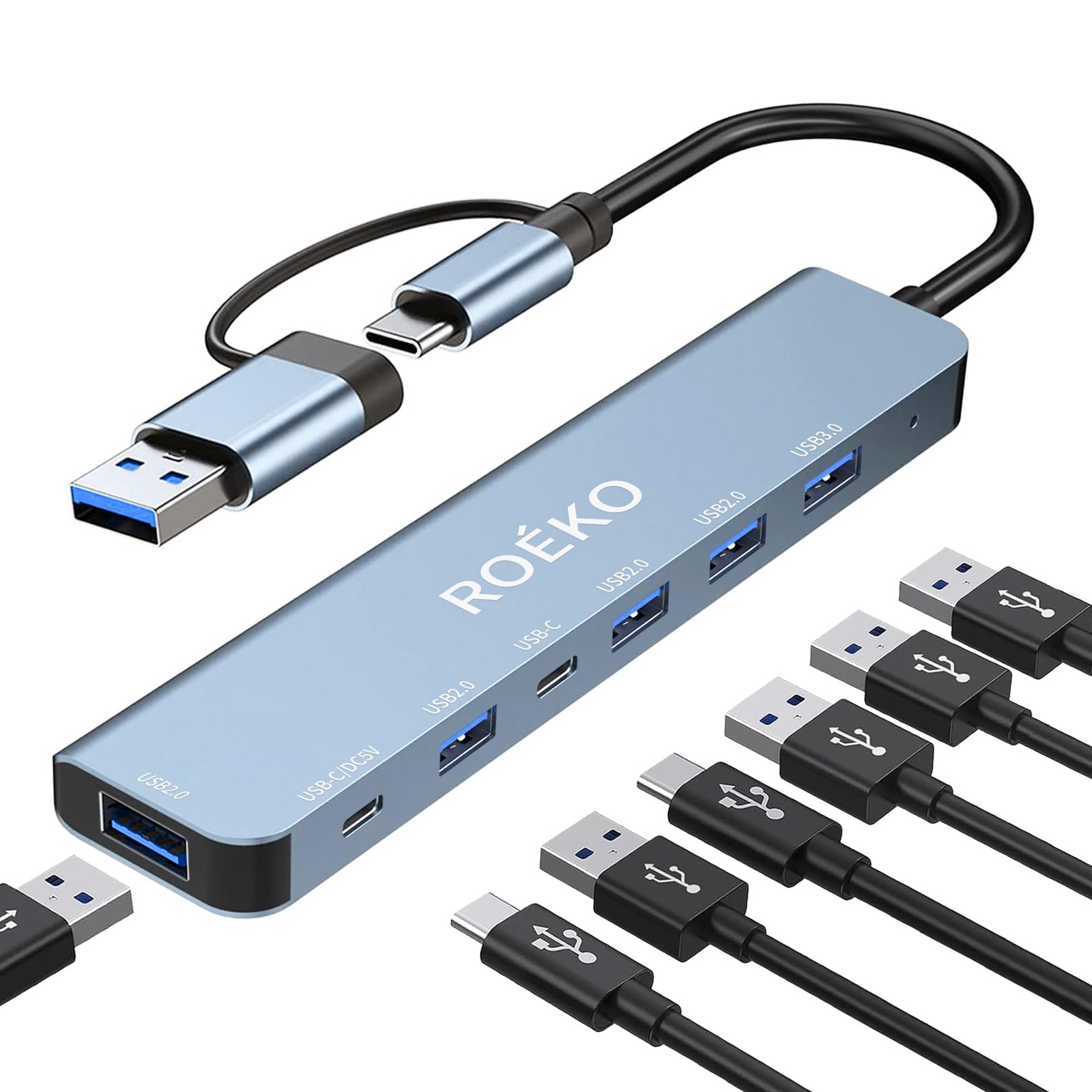 Adaptador multipuerto USB C Hub 7 en 1 con puertos carga USB 3.0 y USB2.0 tipo C