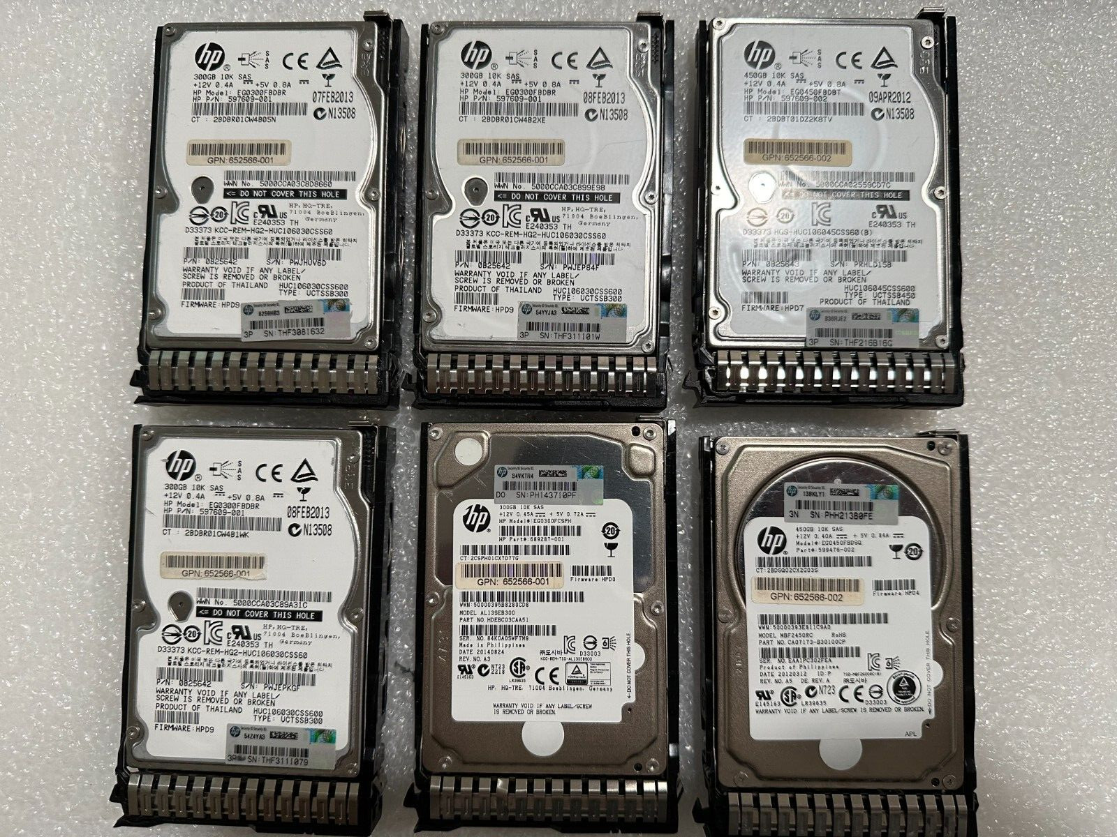 Lot Of (6) Mix HP EG0450FBDBT 450GB, 300GB 10K ,2.5" (581284-B21) HDD