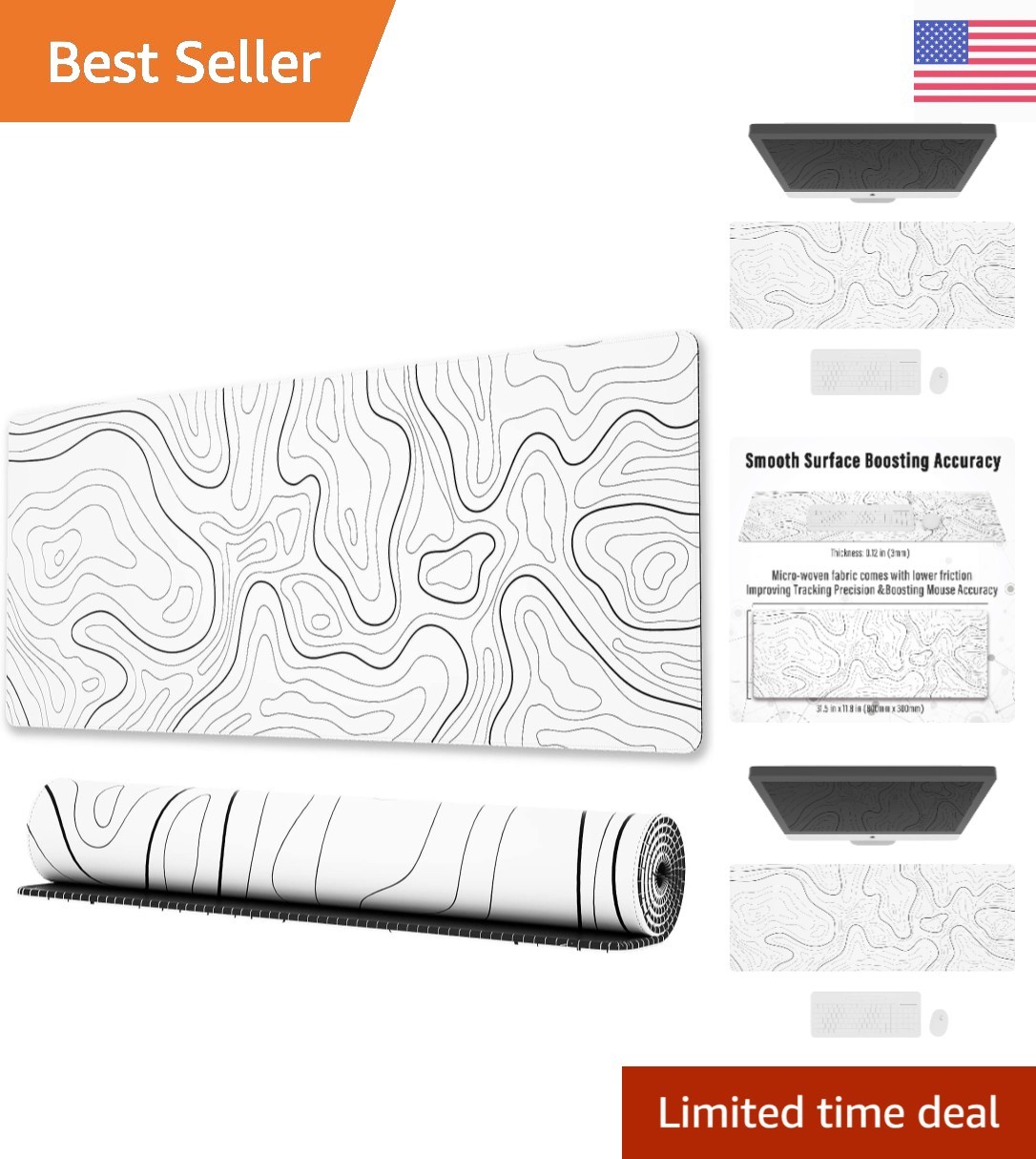 White Topographic Desk Mat - Extended Gaming Mouse Pad 31.5 x 11.8 in