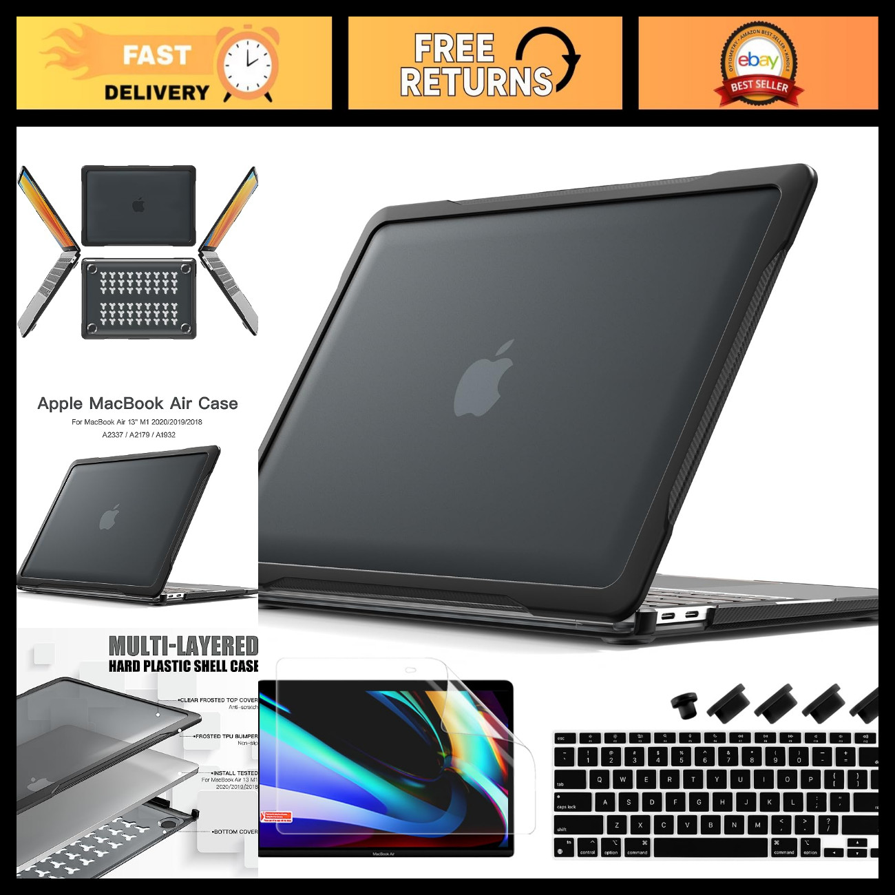4-in-1 Ultimate Case for MacBook Air 13" (2018-2020) - Black, Durable & Stylish