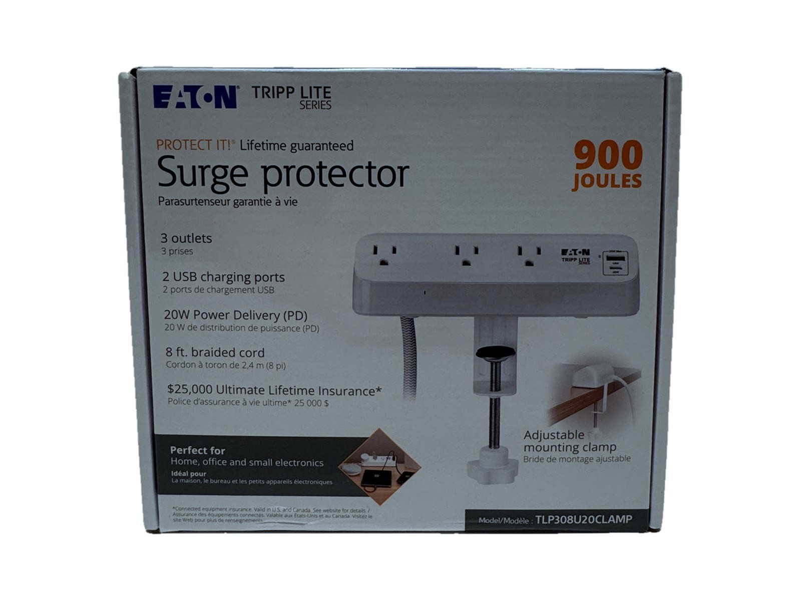 Eaton Tripp Lite TLP308U20CLAMP Desk Clamp Surge Protector USB-C 20W 900J NEW