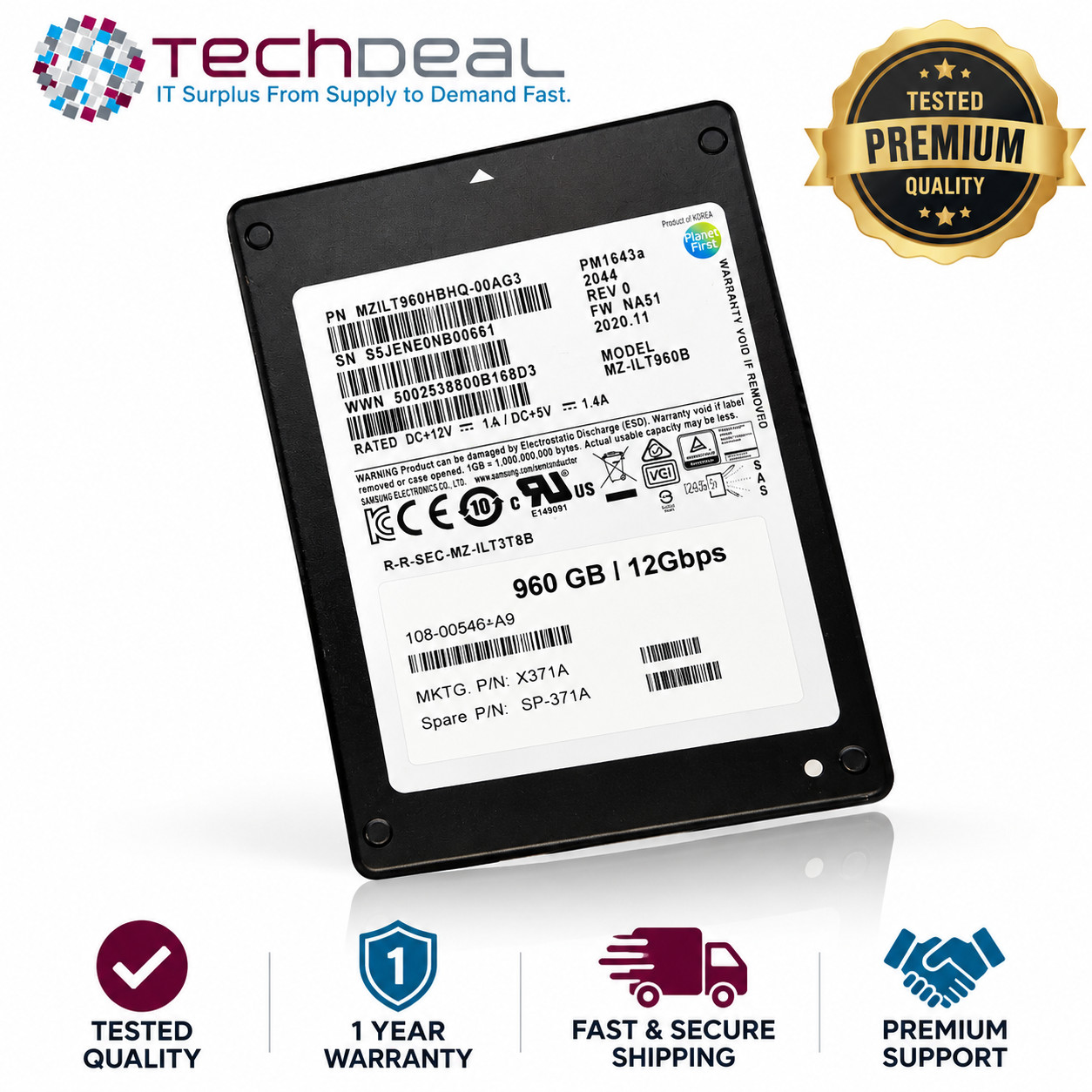 Samsung PM1643a 960GB 2.5" SAS 12Gb/s Enterprise SSD MZILT960HBHQ-00AG3 512