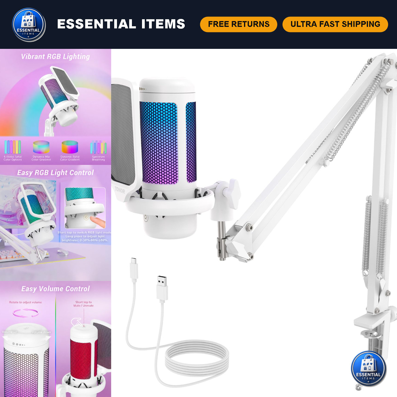 RGB Gaming Microphone Set with Boom Arm, Quick Mute, Pop Filter & Shock Mount fo