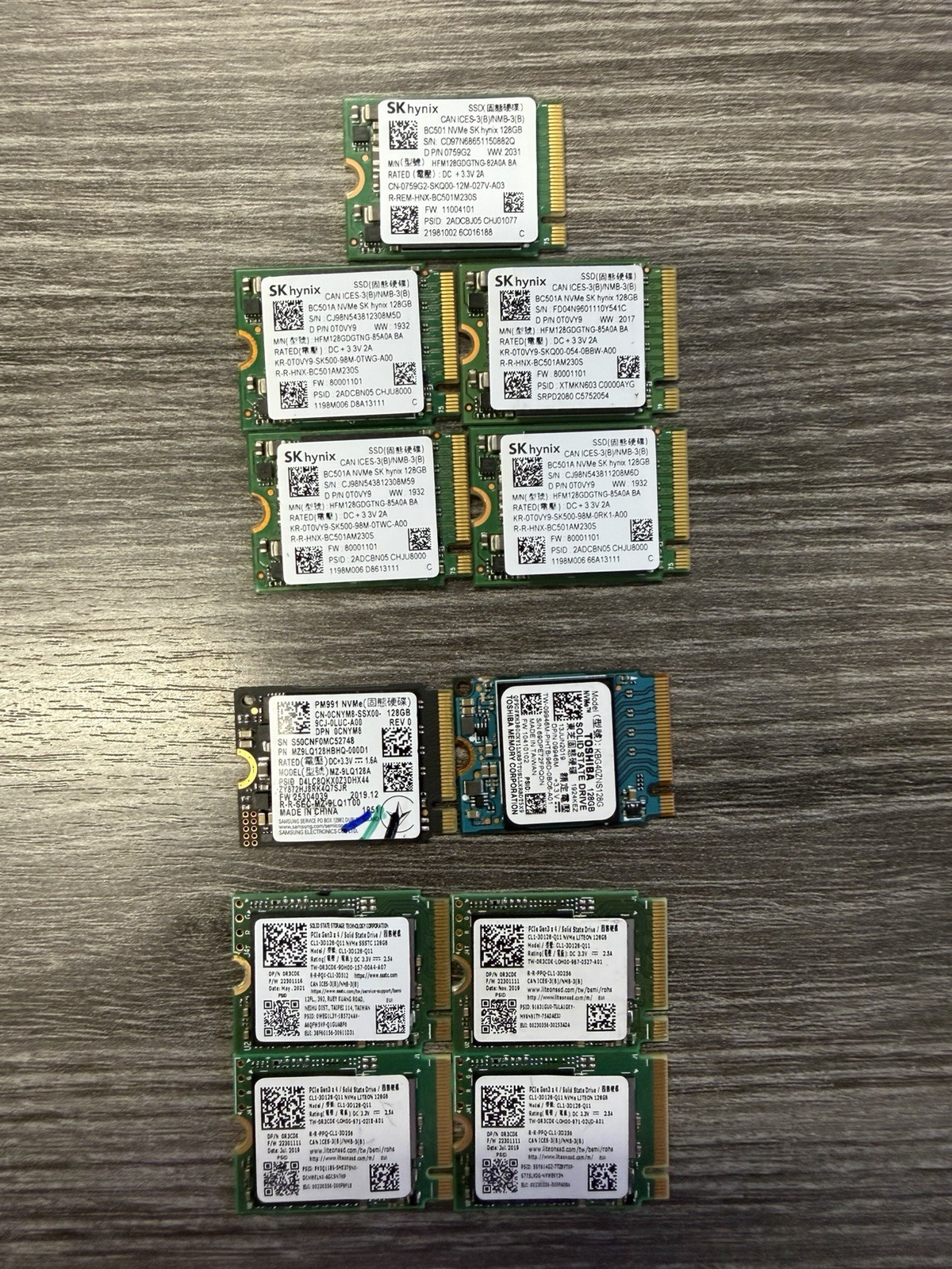 LOT OF 11  128GB M.2 2230 NVMe PCIe SSD Dell 0T0VY9 MIXED