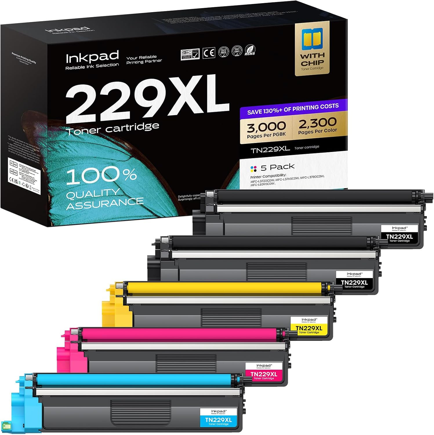 Inkpad TN229XL Toner Cartridges 5 Pack Replacement for Brother MFC-L3780CDW | Co