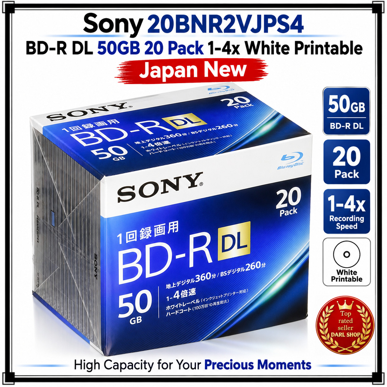 Sony 20BNR2VJPS4 BD-R DL 50GB 20 Pack 1-4x White Printable Japan New