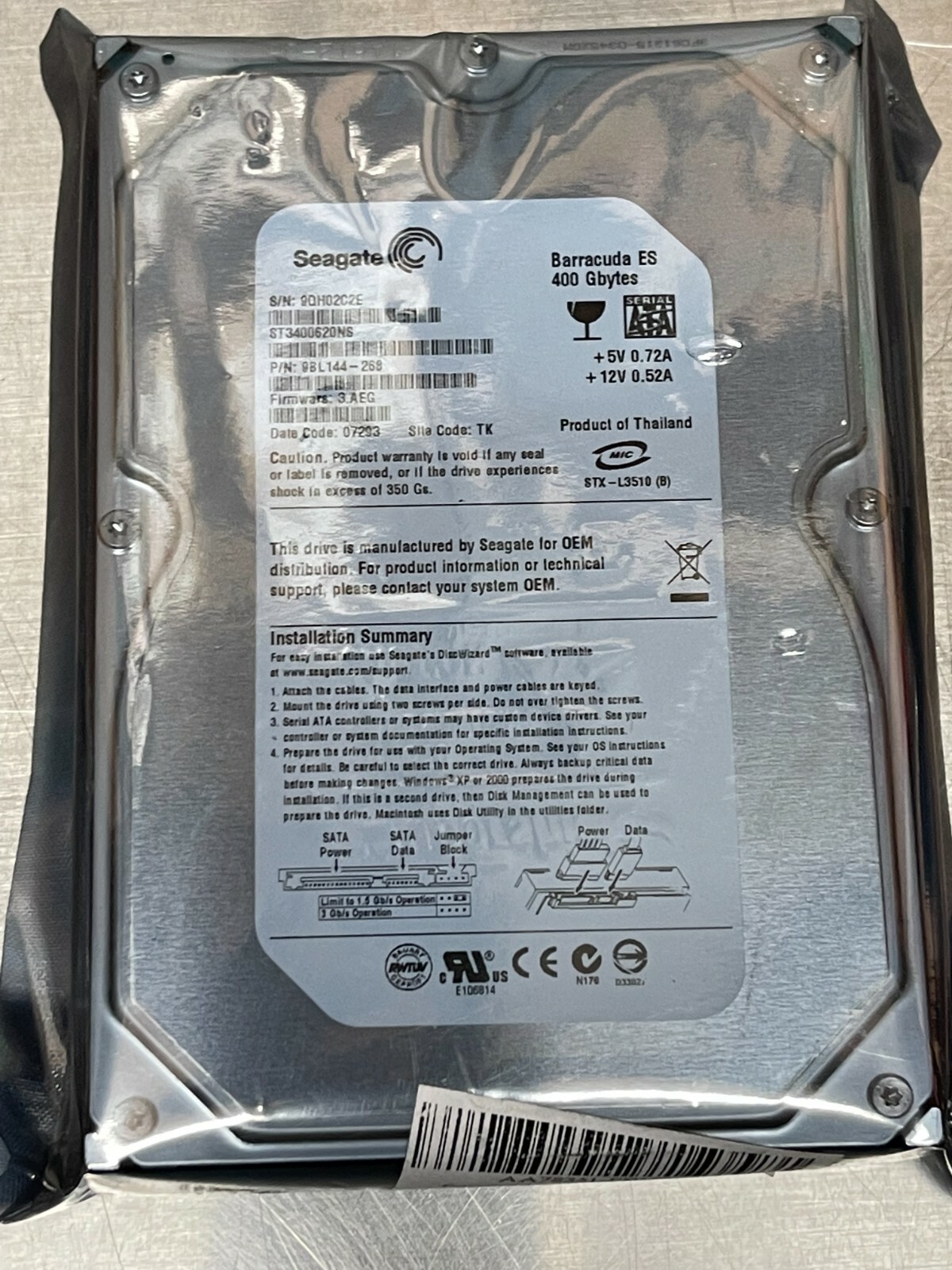New SEAGATE ST3400620NS Barracuda ES 400GB 7200 RPM 16MB