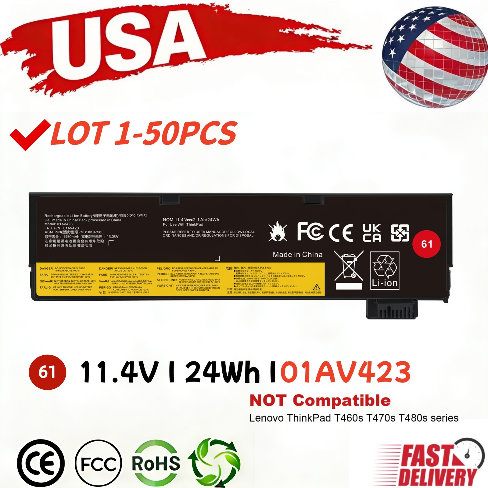 LOT 1-50pcs 01AV423 Battery For Lenovo Thinkpad T470 T480 T570 T580 P51s P52s 61