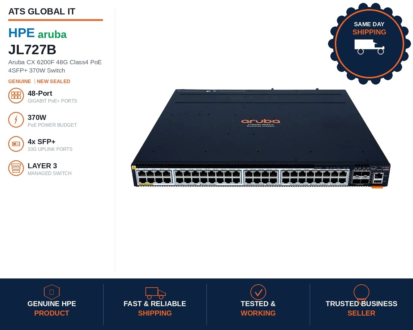HPE Aruba JL727B CX 6200F 48G Class4 PoE 4SFP+ 370W Managed Switch New Sealed