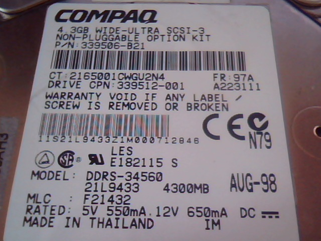 Hard Drive SCSI Compaq 339514-001 DDRS-34560 4.3GB 339506-B21