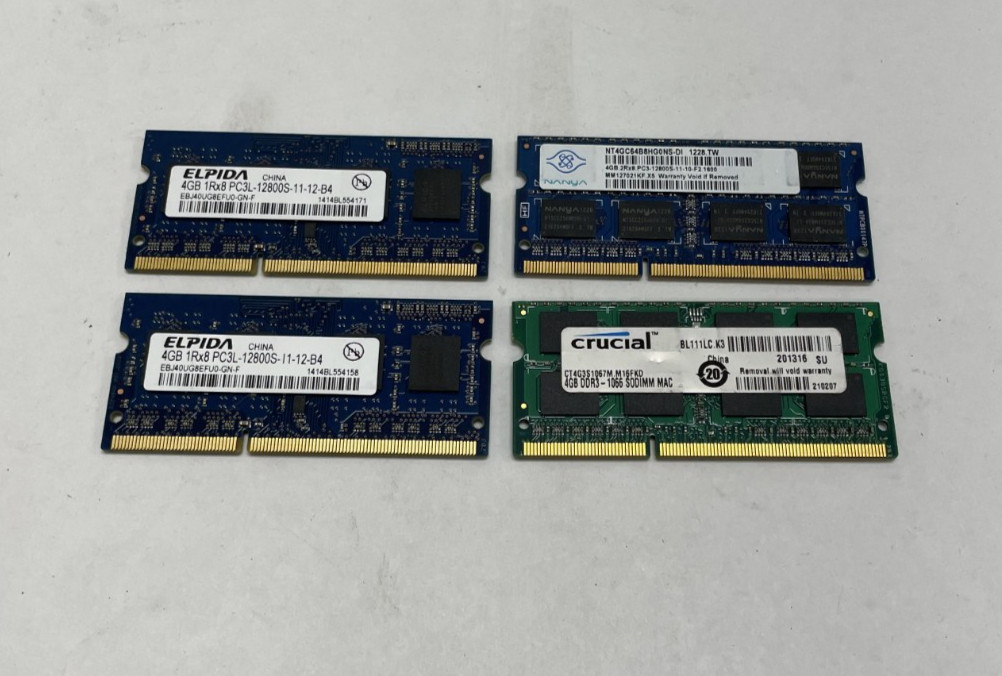 Lot of 4 Mixed 4GB DDR3 Laptop RAM SO-DIMM Used Crucial Elpida Nanya