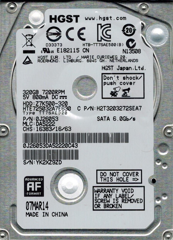**ZERO HOURS NEW**-Hitachi HTE725032A7E630 (0J26053) 320GB, 7200RPM, 2.5" HD