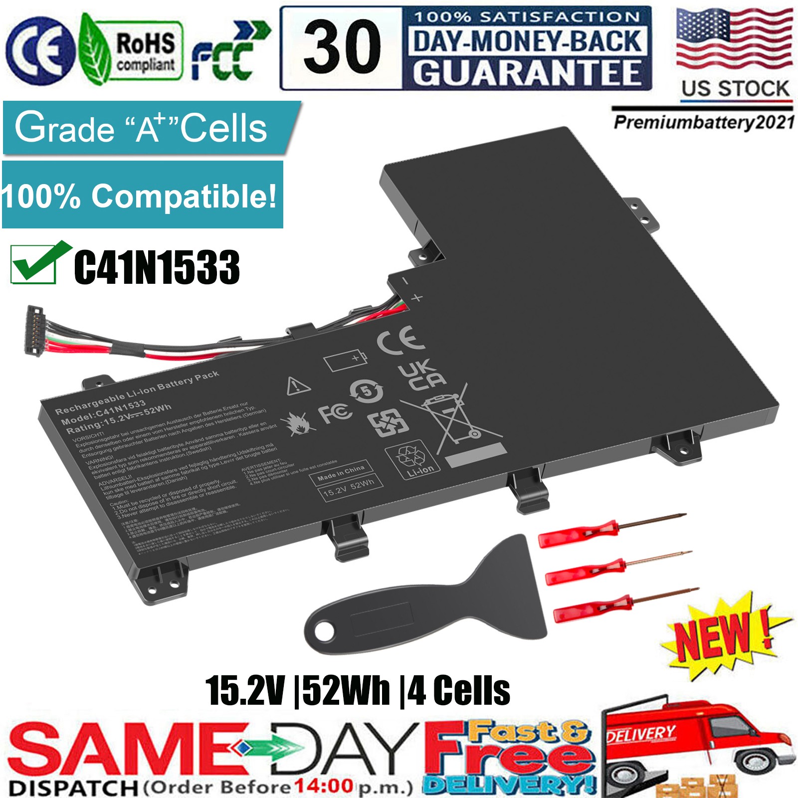 ✅C41N1533 52Wh Battery For ASUS Q524U Q534U Q504UQ Q534UX Q534UX-BHI7T19 Q534UXK