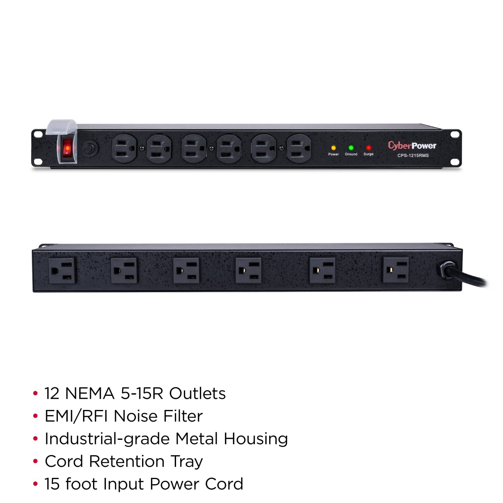 CyberPower CPS1215RMS Rackmount Surge Protector, 120V/15A, 12 Outlets, 15' Cable