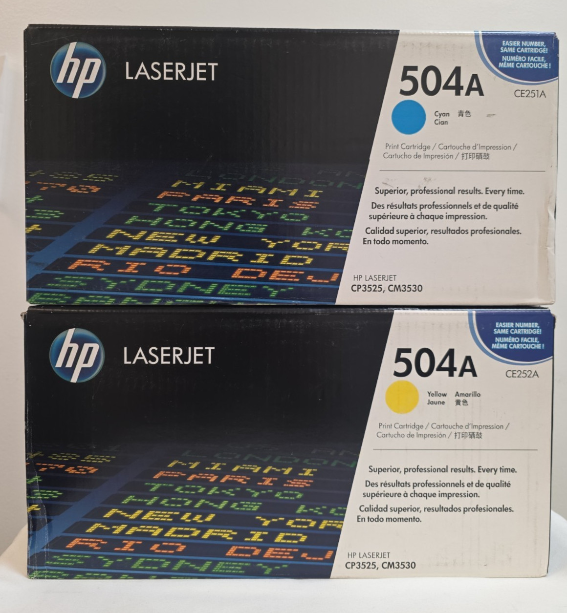 Set of 2 New Sealed Genuine HP 504A LaserJet Toner Cartridges- Cyan and Yellow