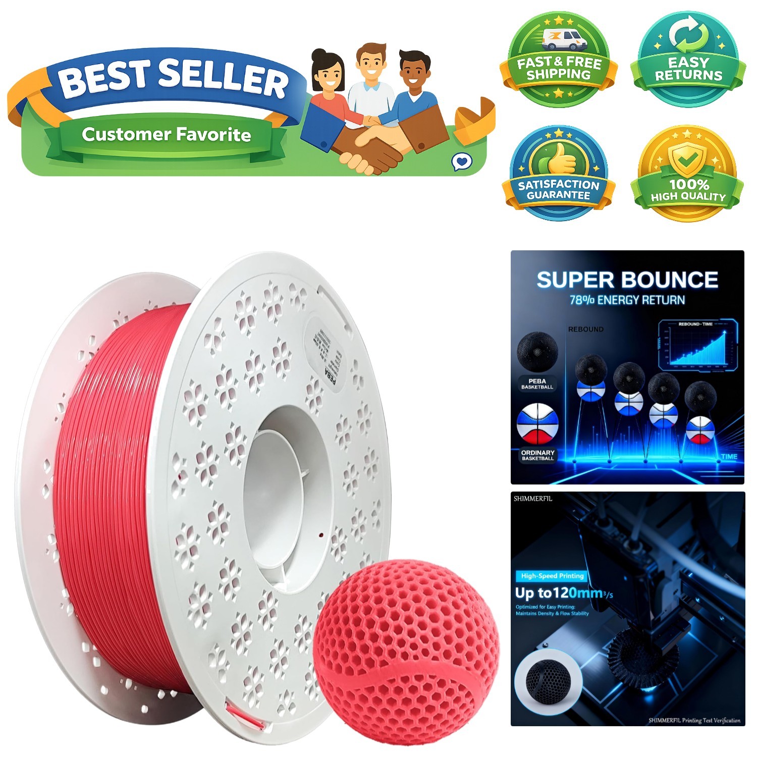 Rebound PEBA Filament 1.75mm - Ultra-Lightweight High Rebound 3D Printing Fil...