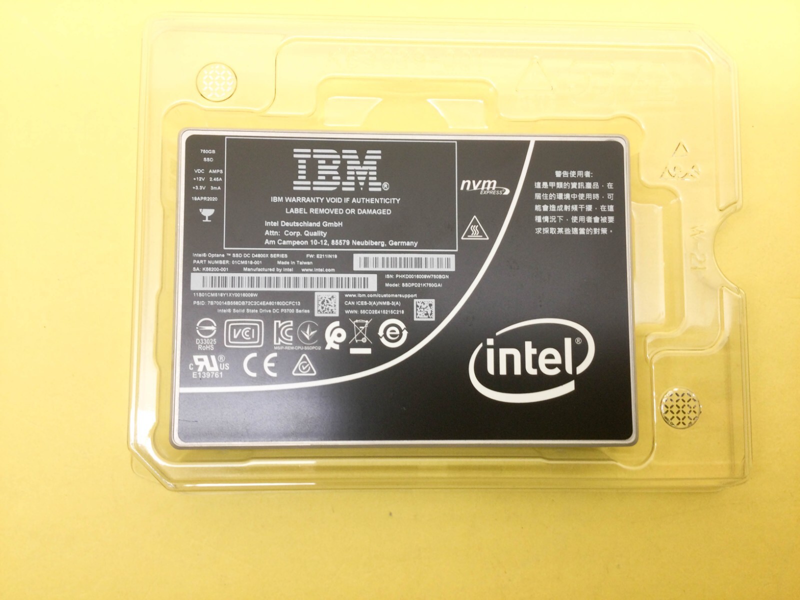 IBM Intel Optane D4800X Series 750GB PCIe 2x2 NVMe 2.5in U.2 SSD SSDPD21K750GAI