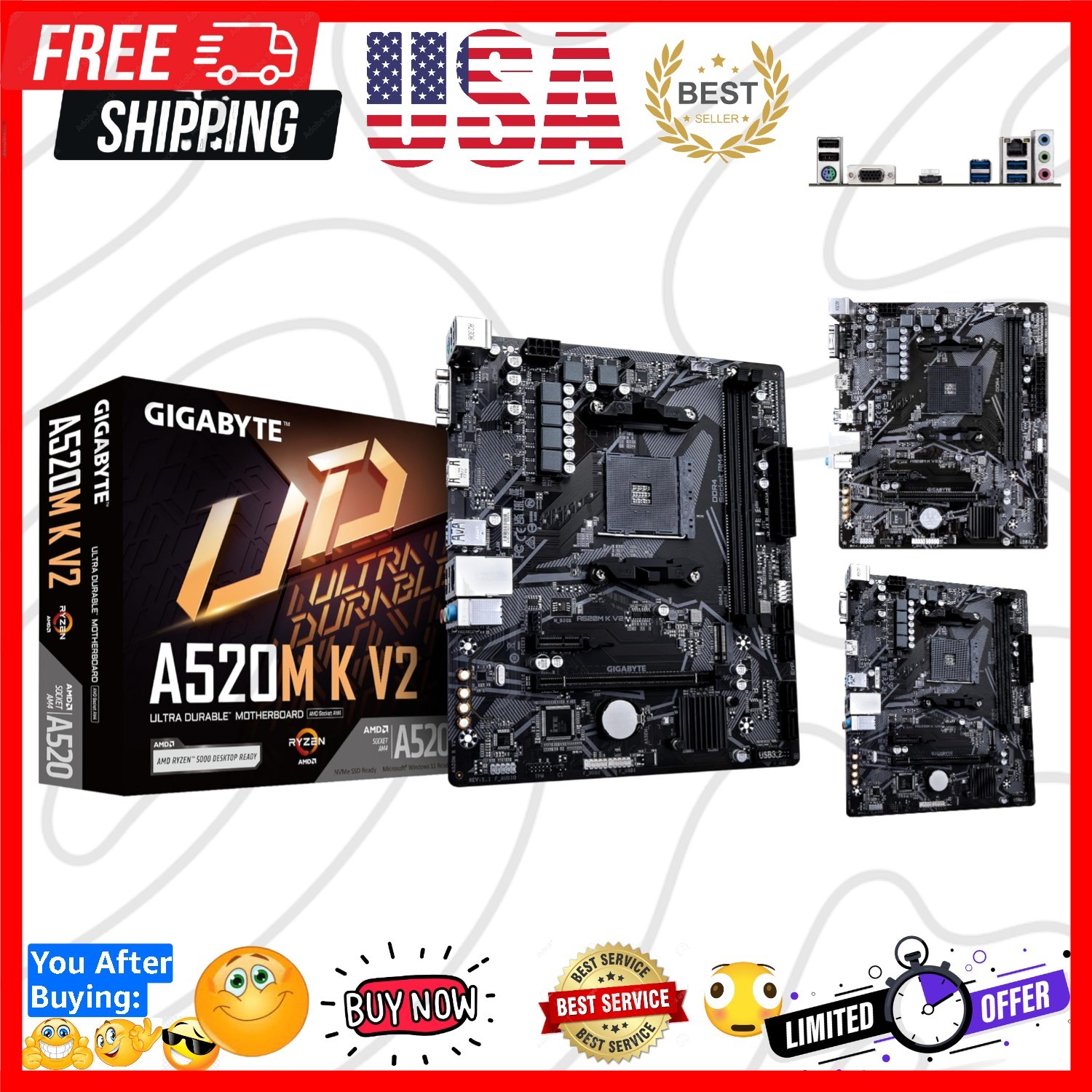 A520M K V2 Motherboard AM4/2xDDR4/HDMI/D-Sub/M.2/USB 3.2