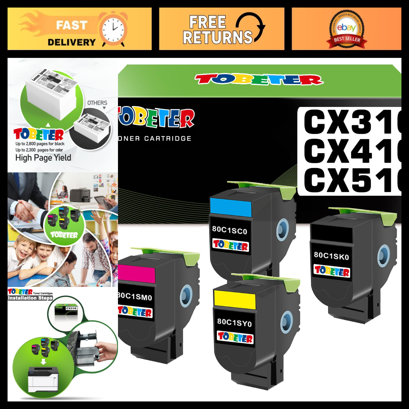 Toner Replacement for Lexmark CX310, CX410, CX510 Printers - 4 Pack, 2500 Pages