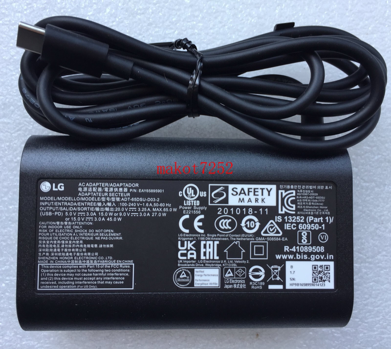New Original LG 14ZT90P-G.AX32U1 14ZT90P-G.AX33U1 ADT-65DSU-D03-2 65W AC Adapter