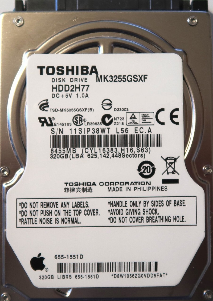 Toshiba MK3255GSXF Genuine Apple 2.5" 320gb Sata 5400rpm 512 Bytes 8MB 3Gb/s