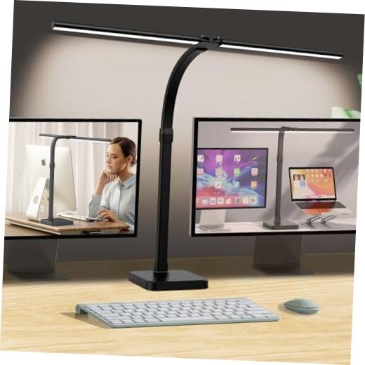 LED Desk Lamp for Home Office, Double Head 24W with Base, Black-Desktop