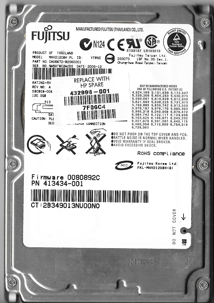 FUJITSU MHV2120BH 120GB SATA 2.5" HARD DRIVE P/N: CA06672-B25600C1 FW: 0080892C